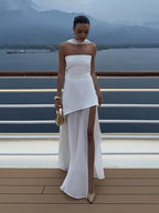 Women's Asymmetric Maxi Dress with Sheer Overlay and Halter Neck - White