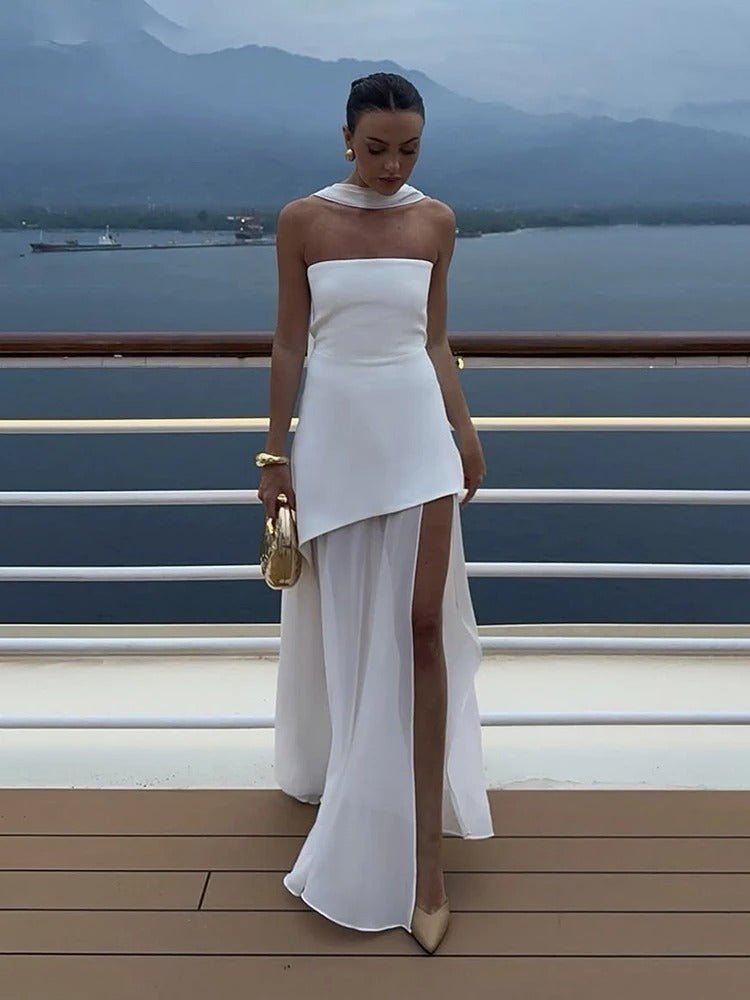 Women's Asymmetric Maxi Dress with Sheer Overlay and Halter Neck - White