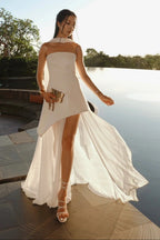 Women's Asymmetric Maxi Dress with Sheer Overlay and Halter Neck - 13