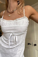 Women's Sleeveless Floral Broderie Dress with Ruffle Hem and Bow Detail - 3