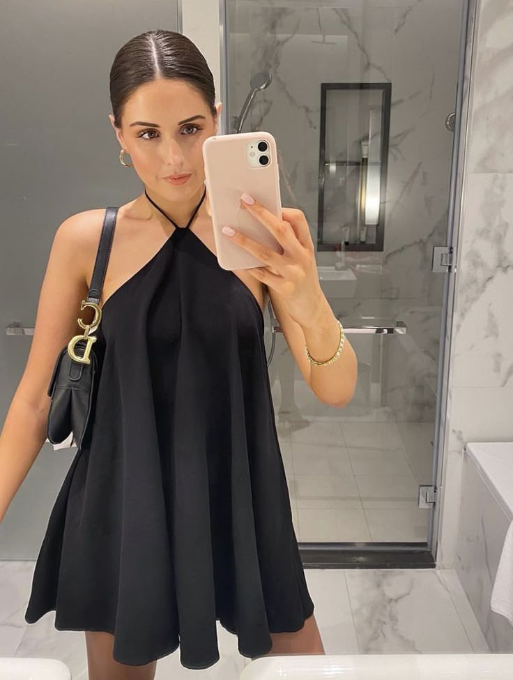Women's Halter Mini Dress with Backless Tiered Hem - Black