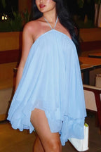 Women's Halter Mini Dress with Backless Tiered Hem - 10