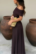 Women's Off-Shoulder Maxi Dress with Ruched Bodice and A-Line Skirt - 6
