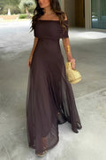Women's Off-Shoulder Maxi Dress with Ruched Bodice and A-Line Skirt - Brown