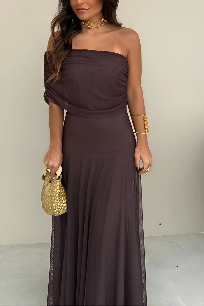 Women's Off-Shoulder Maxi Dress with Ruched Bodice and A-Line Skirt - 10