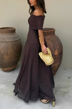 Women's Off-Shoulder Maxi Dress with Ruched Bodice and A-Line Skirt - 9