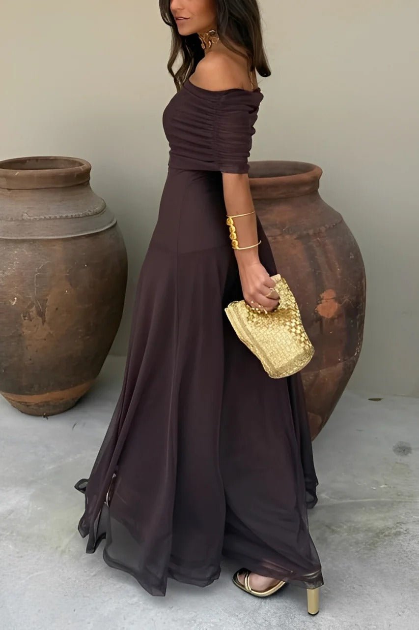 Women's Off-Shoulder Maxi Dress with Ruched Bodice and A-Line Skirt - 9