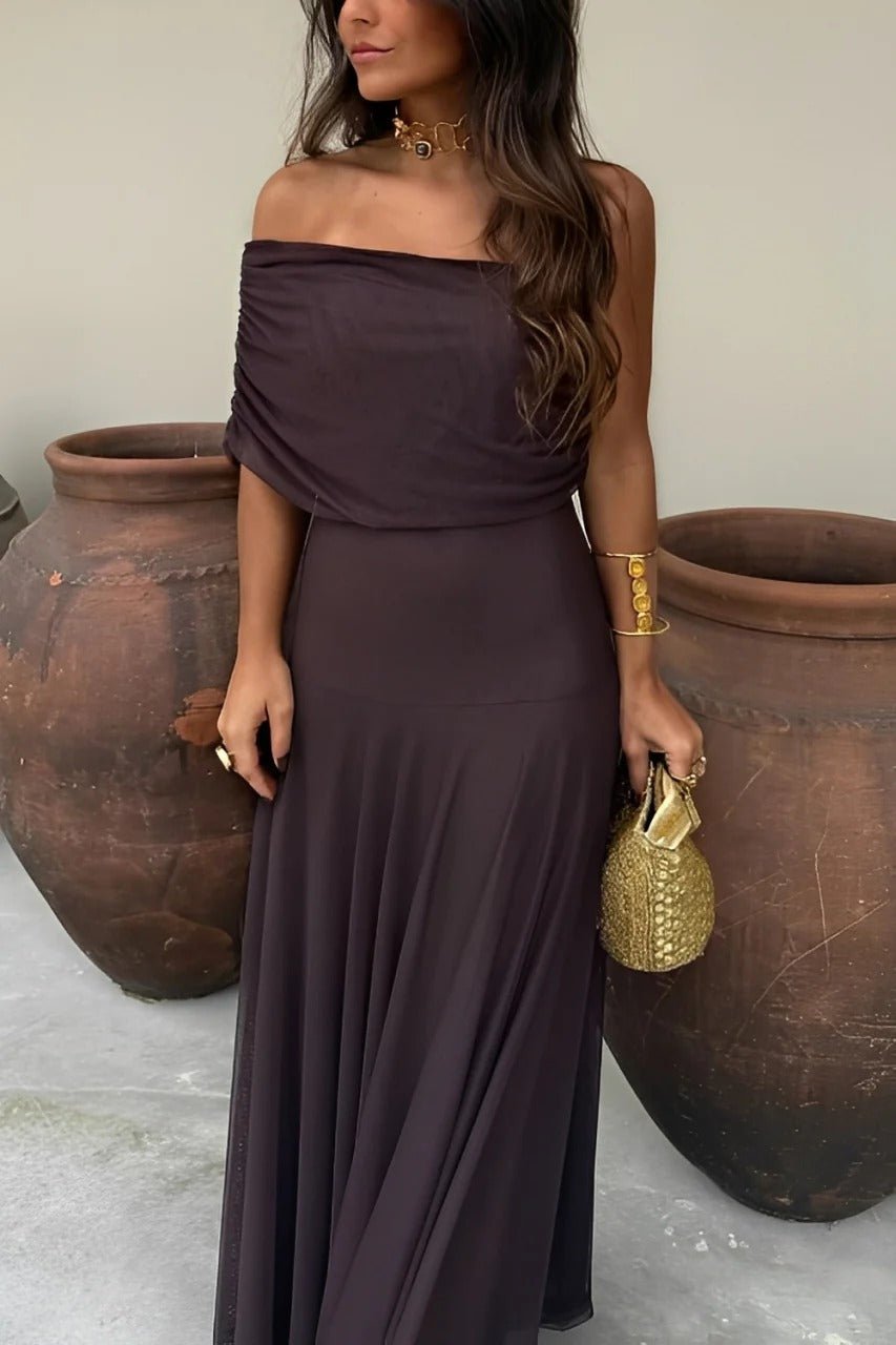 Women's Off-Shoulder Maxi Dress with Ruched Bodice and A-Line Skirt - 7
