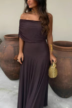 Women's Off-Shoulder Maxi Dress with Ruched Bodice and A-Line Skirt - 7
