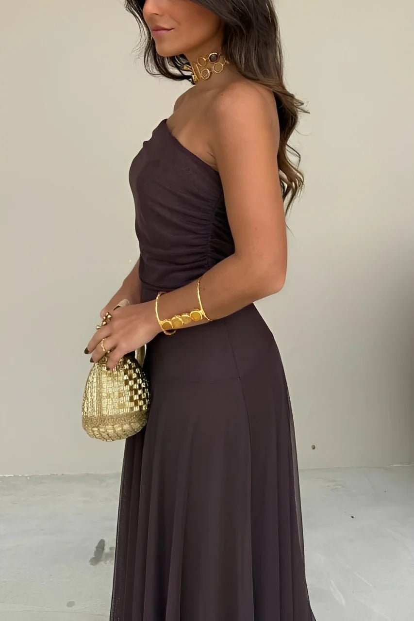 Women's Off-Shoulder Maxi Dress with Ruched Bodice and A-Line Skirt - 11