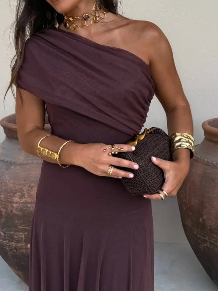 Women's Off-Shoulder Maxi Dress with Ruched Bodice and A-Line Skirt - 8
