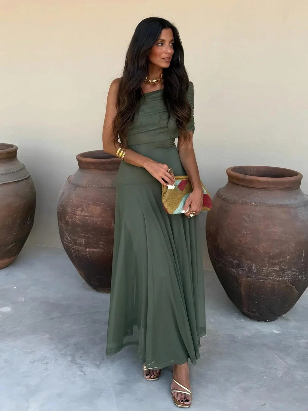 Women's Off-Shoulder Maxi Dress with Ruched Bodice and A-Line Skirt - Green