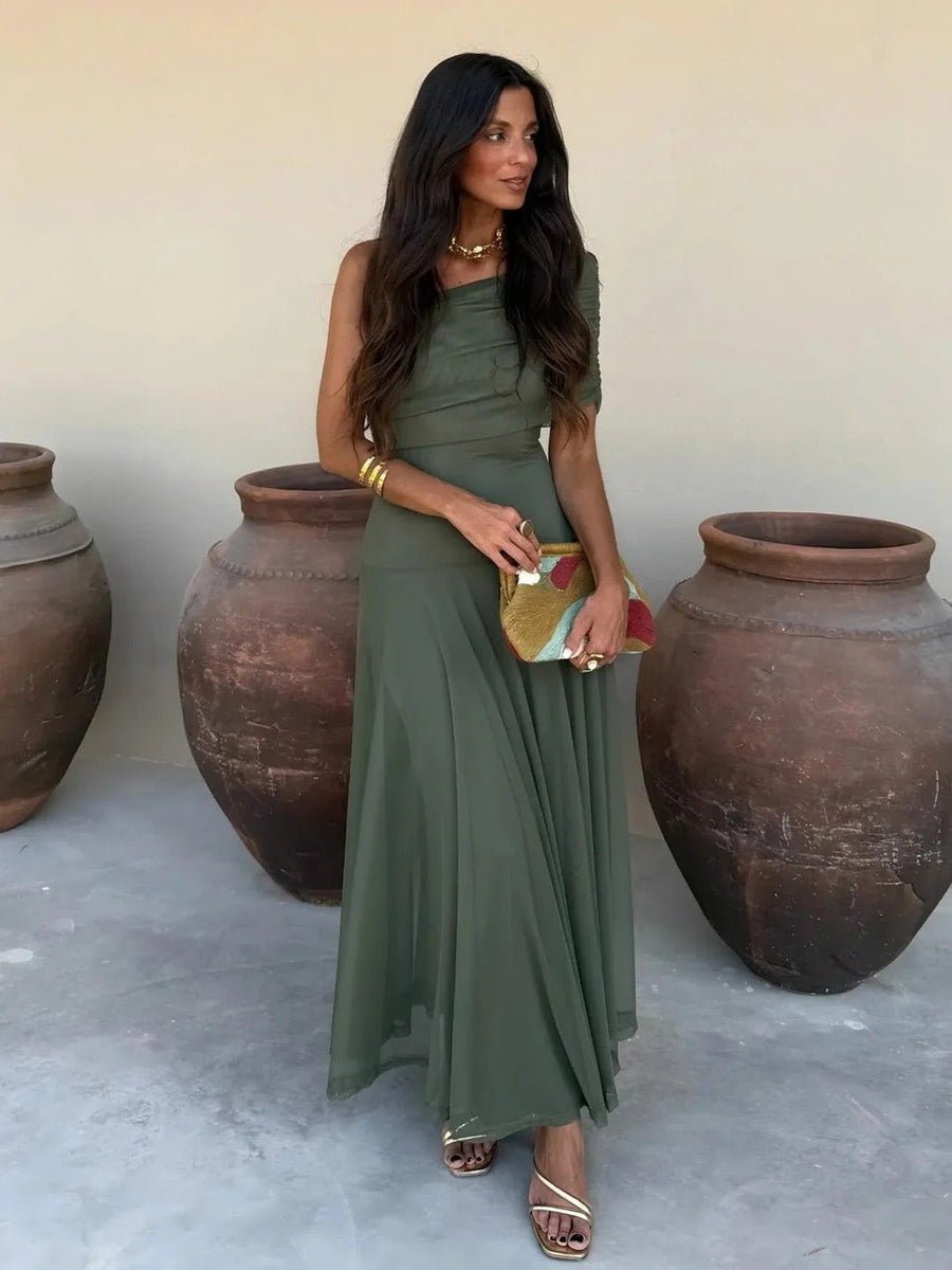 Women's Off-Shoulder Maxi Dress with Ruched Bodice and A-Line Skirt