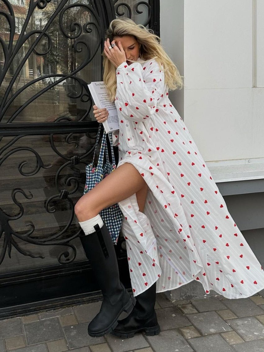 Women's A-Line Midi Dress with Long Balloon Sleeves and Button Front - White