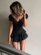 Women's Corset Dress with Sweetheart Neckline and Tiered Ruffle Hem - Black