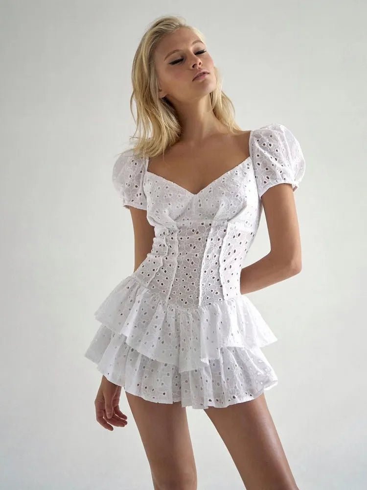 Women's Corset Dress with Sweetheart Neckline and Tiered Ruffle Hem - White