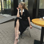 Women's Knitted Midi Dress Button-Front with V-Neck and A-Line Skirt - 11