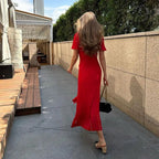 Women's Knitted Midi Dress Button-Front with V-Neck and A-Line Skirt - 3