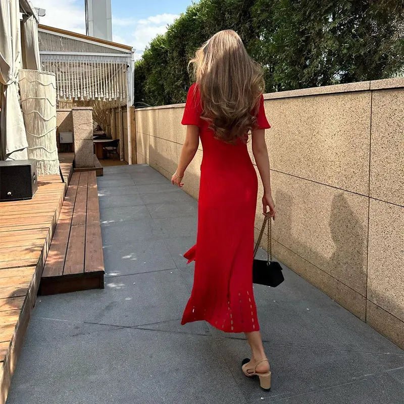 Women's Knitted Midi Dress Button-Front with V-Neck and A-Line Skirt - 3