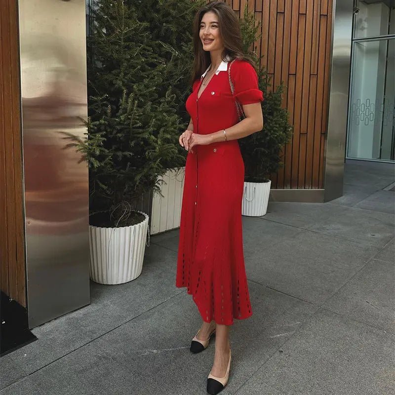Women's Knitted Midi Dress Button-Front with V-Neck and A-Line Skirt - 4