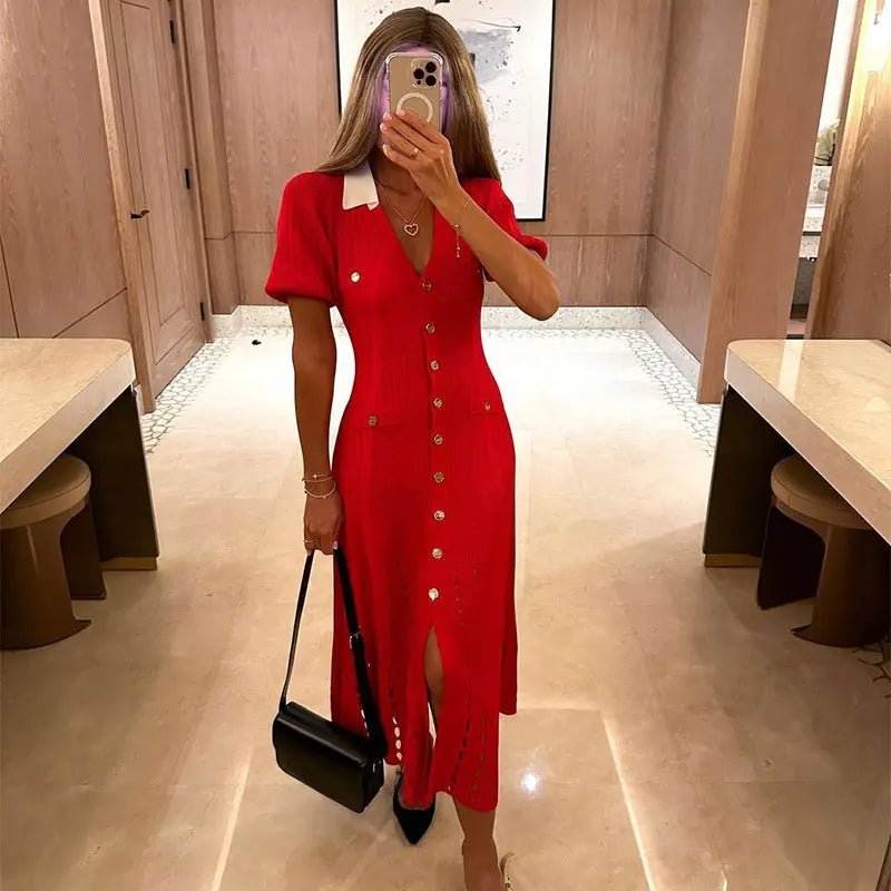 Women's Knitted Midi Dress Button-Front with V-Neck and A-Line Skirt - 7