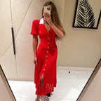 Women's Knitted Midi Dress Button-Front with V-Neck and A-Line Skirt - 6