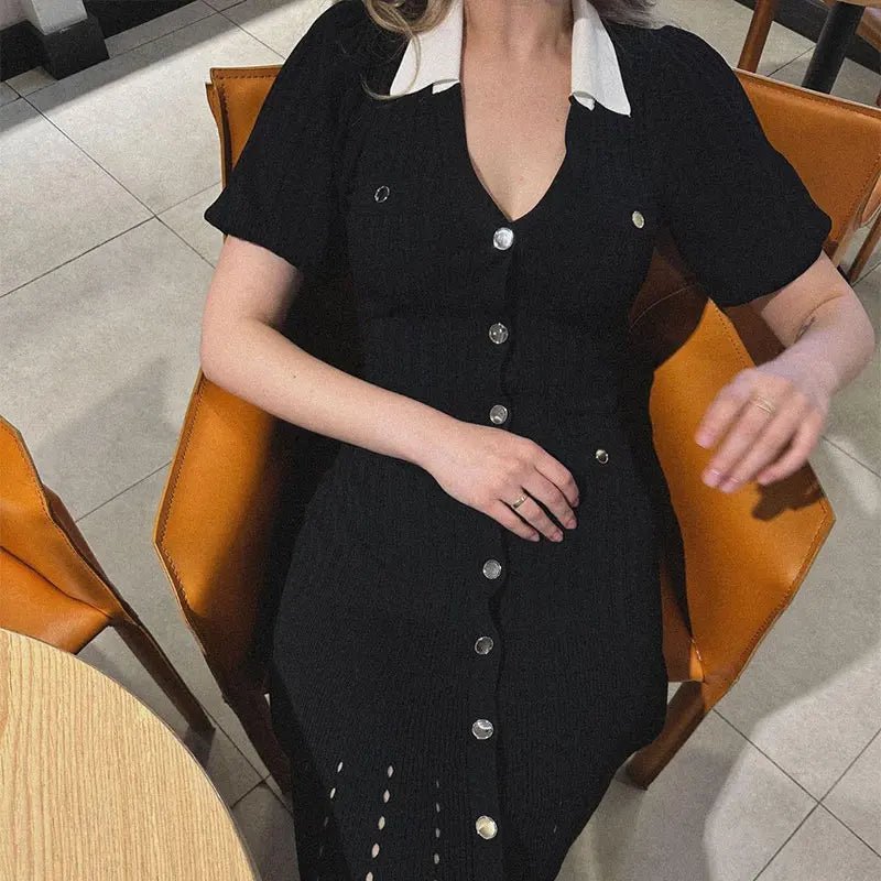 Women's Knitted Midi Dress Button-Front with V-Neck and A-Line Skirt - 9