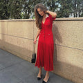 Women's Knitted Midi Dress Button-Front with V-Neck and A-Line Skirt - Red