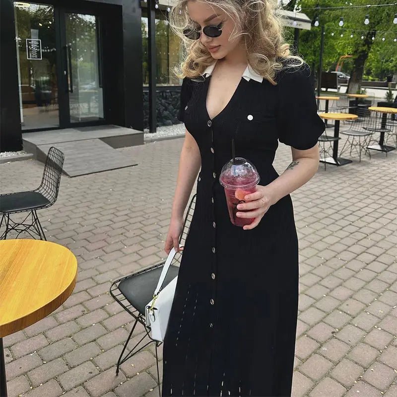 Women's Knitted Midi Dress Button-Front with V-Neck and A-Line Skirt - Black