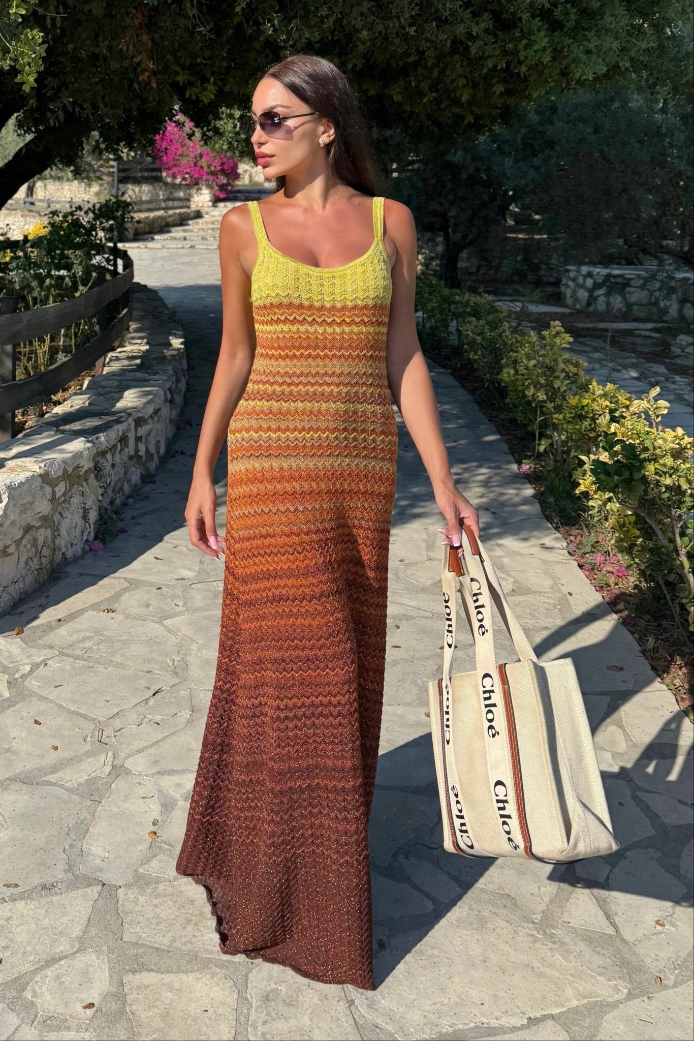 Women's Knit Maxi Dress Sleeveless with Scoop Neck and Ombre Pattern - 2