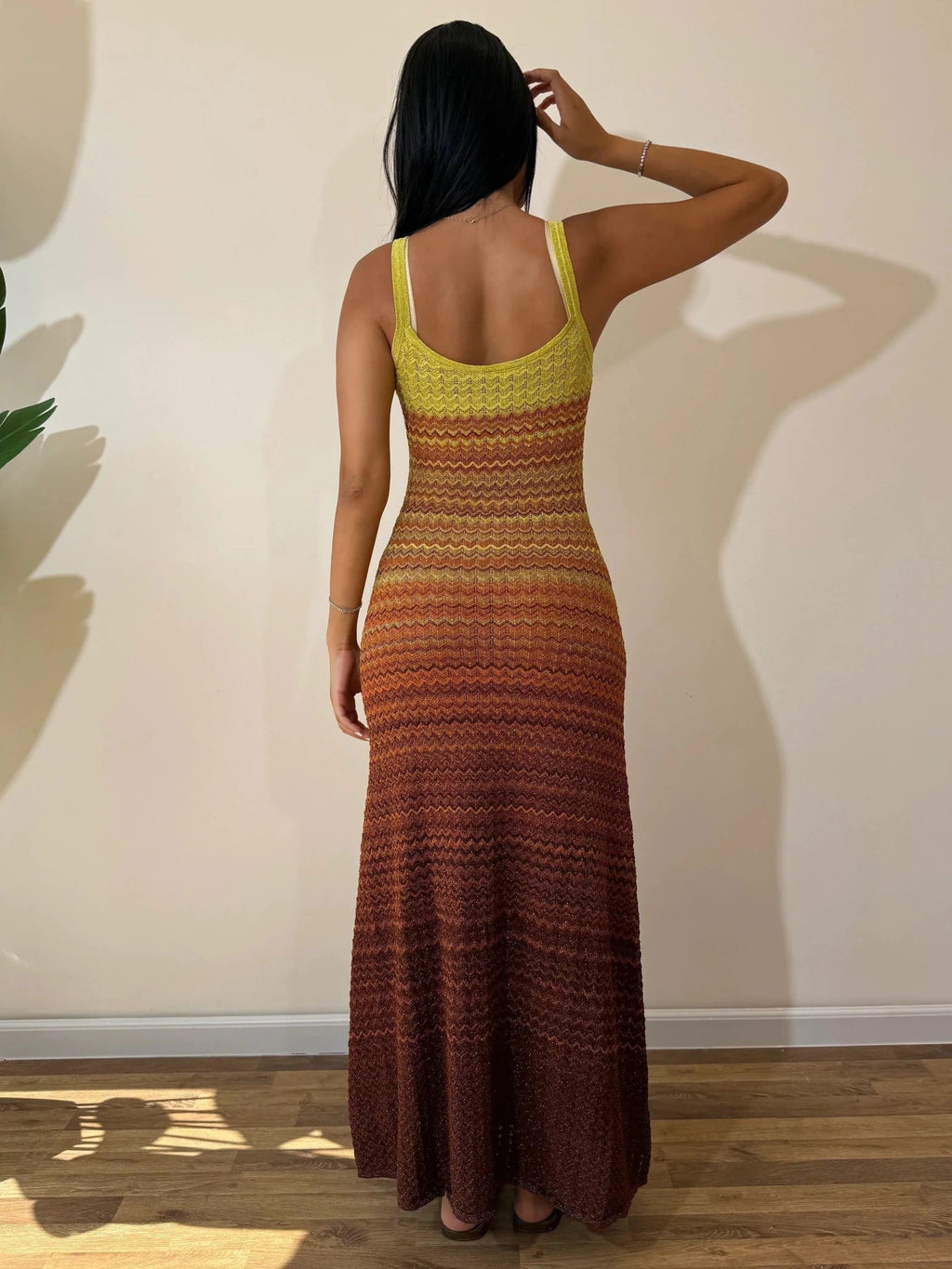 Women's Knit Maxi Dress Sleeveless with Scoop Neck and Ombre Pattern - 5