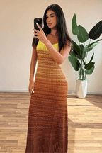 Women's Knit Maxi Dress Sleeveless with Scoop Neck and Ombre Pattern - 7
