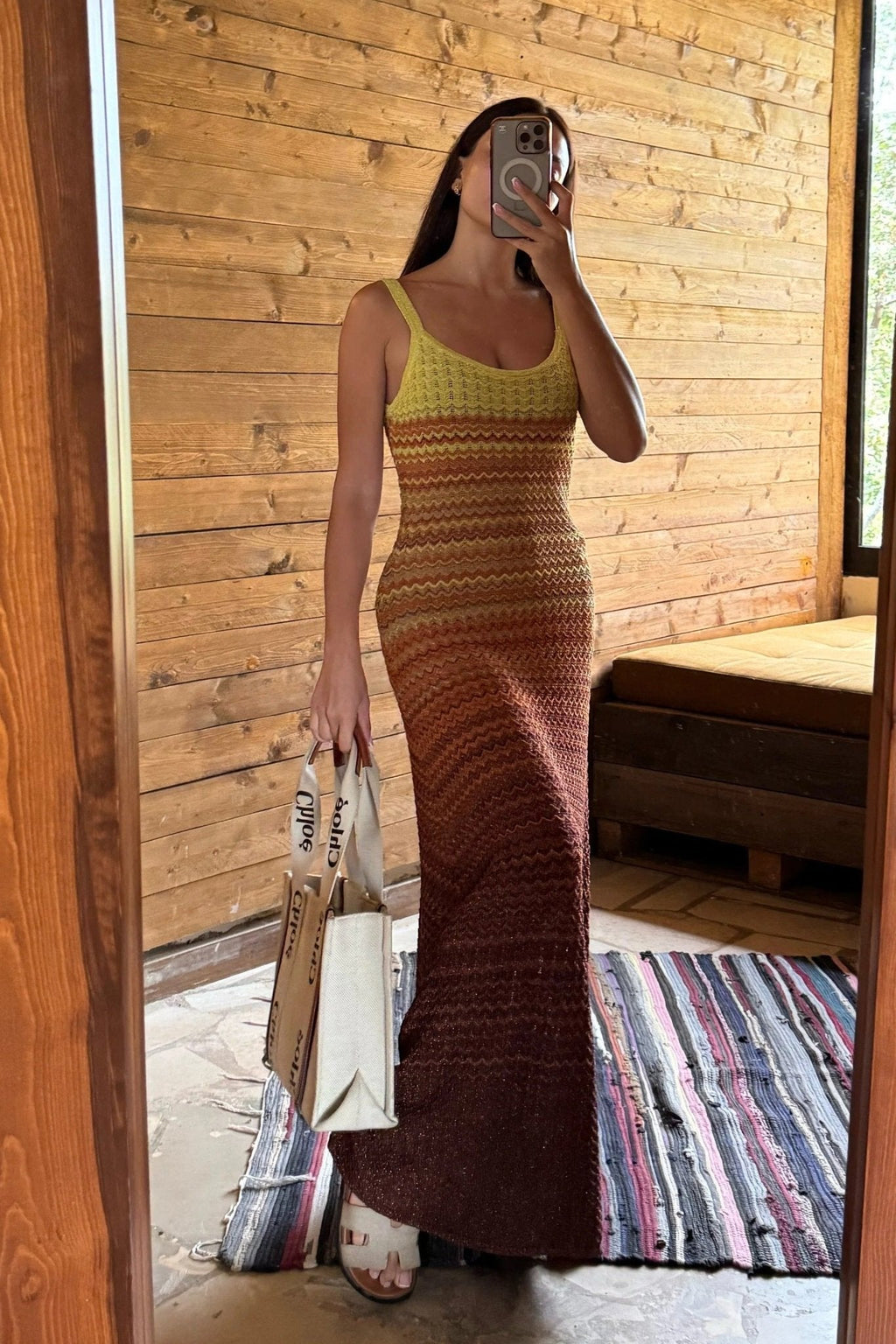 Women's Knit Maxi Dress Sleeveless with Scoop Neck and Ombre Pattern - 4