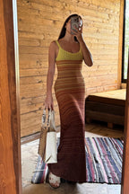 Women's Knit Maxi Dress Sleeveless with Scoop Neck and Ombre Pattern - 4
