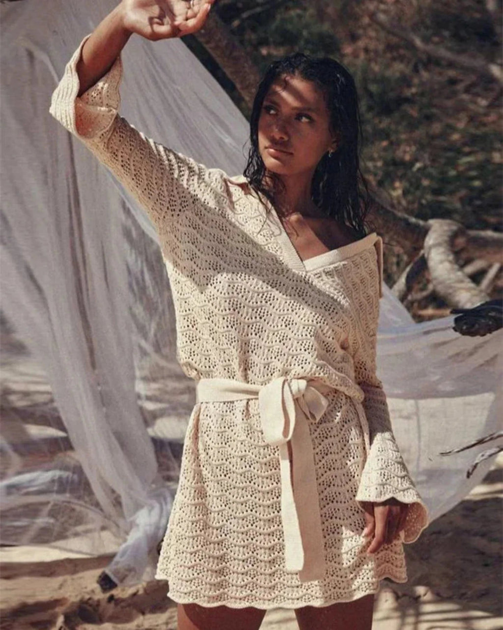 Women's Crochet Dress with V-Neck and Belted Waist - 7