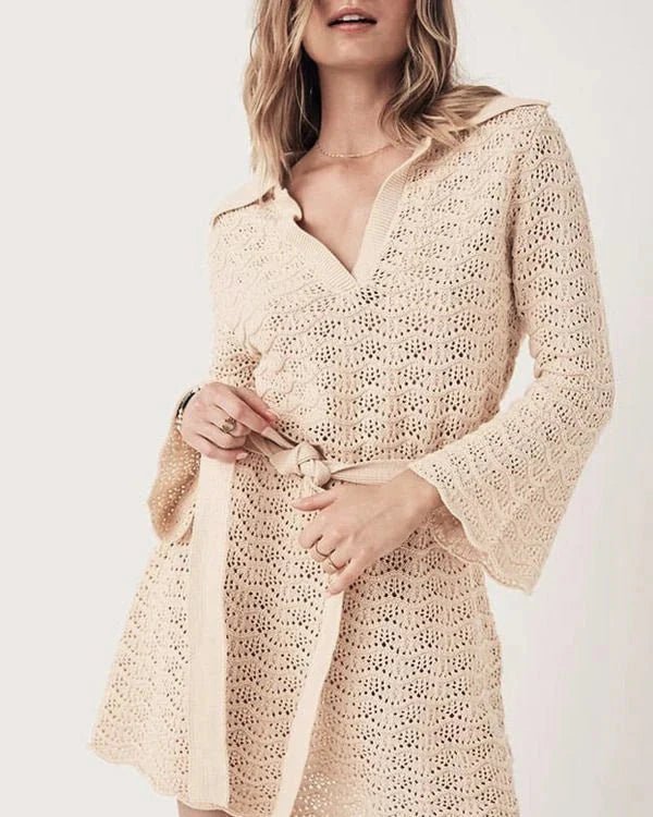 Women's Crochet Dress with V-Neck and Belted Waist - 9