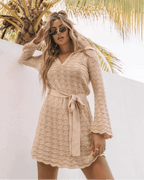 Women's Crochet Dress with V-Neck and Belted Waist - 6