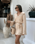 Women's Crochet Dress with V-Neck and Belted Waist - 2