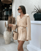 Women's Crochet Dress with V-Neck and Belted Waist - 2