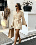 Women's Crochet Dress with V-Neck and Belted Waist - 4