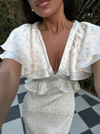 Women's Midi Dress with Ruffle Sleeves and V-Neck - 3