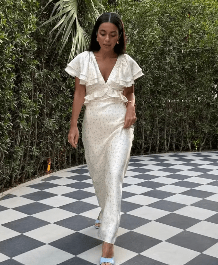 Women's Midi Dress with Ruffle Sleeves and V-Neck - 2
