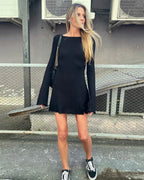 Women's Mini Dress Long Sleeve with Open Back and A-line Skirt - 12