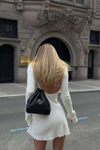 Women's Mini Dress Long Sleeve with Open Back and A-line Skirt - 6