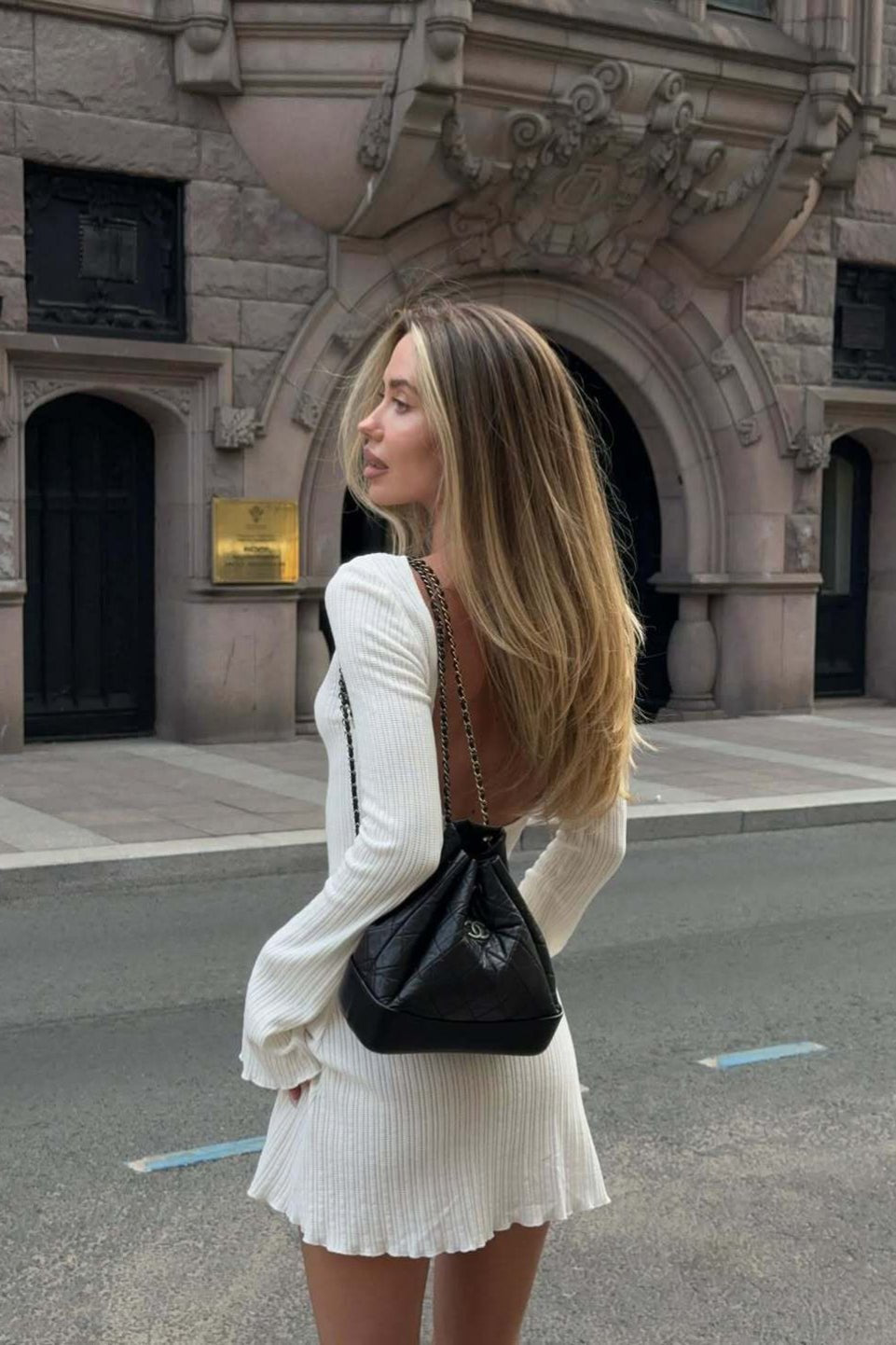 Women's Mini Dress Long Sleeve with Open Back and A-line Skirt - White