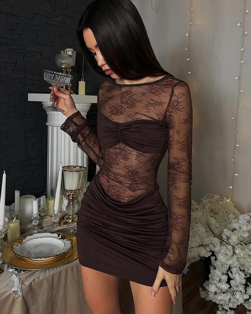 Women's Backless Lace Mini Dress with Long Sleeves and Ruched Bodice - Brown