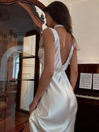Women's Satin Midi Dress Sleeveless with Plunging Neckline and A-Line Silhouette - 3