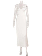 Women's Satin Midi Dress Sleeveless with Plunging Neckline and A-Line Silhouette - 7