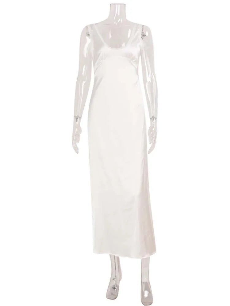 Women's Satin Midi Dress Sleeveless with Plunging Neckline and A-Line Silhouette - 7