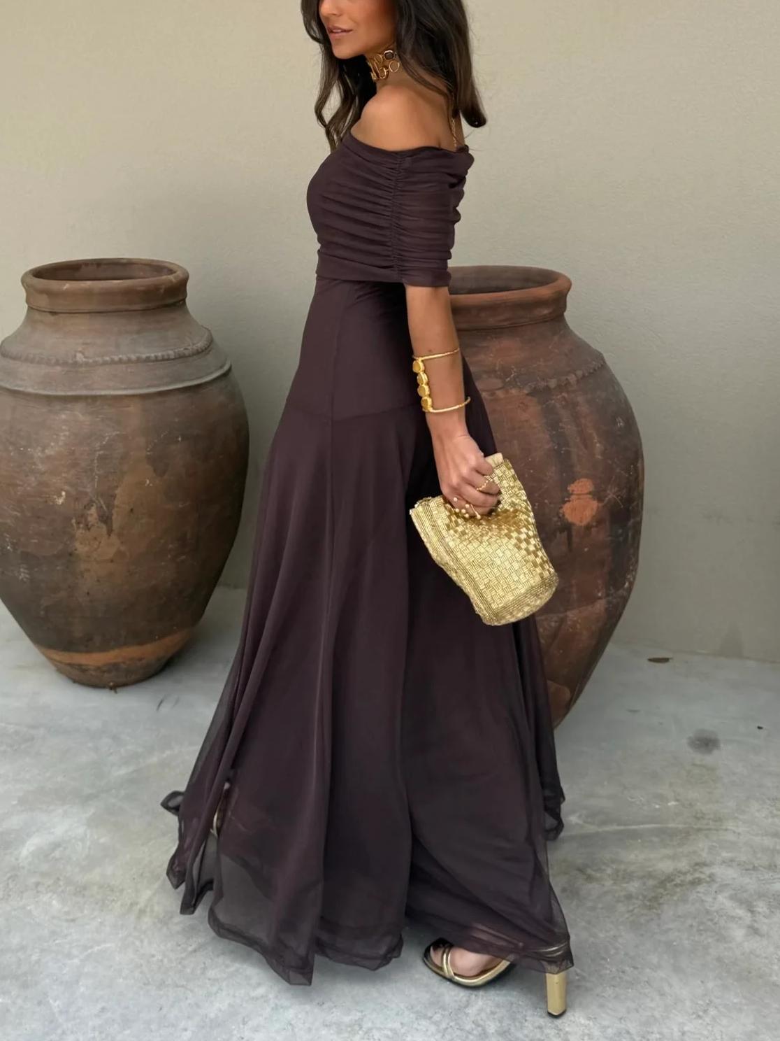 Women's Off-Shoulder Maxi Dress with Flowing Silhouette - 3